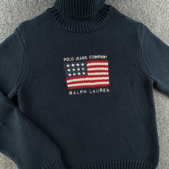 Polo Jeans Ralph Lauren Flag Sweater Knit Large Blue Embroidered Turtleneck - Picture 4 of 16
